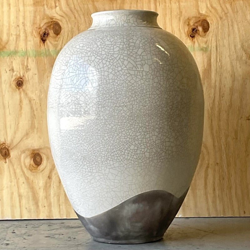 Vintage Boho Crackle Glaze Raku Floor Vase - Back view