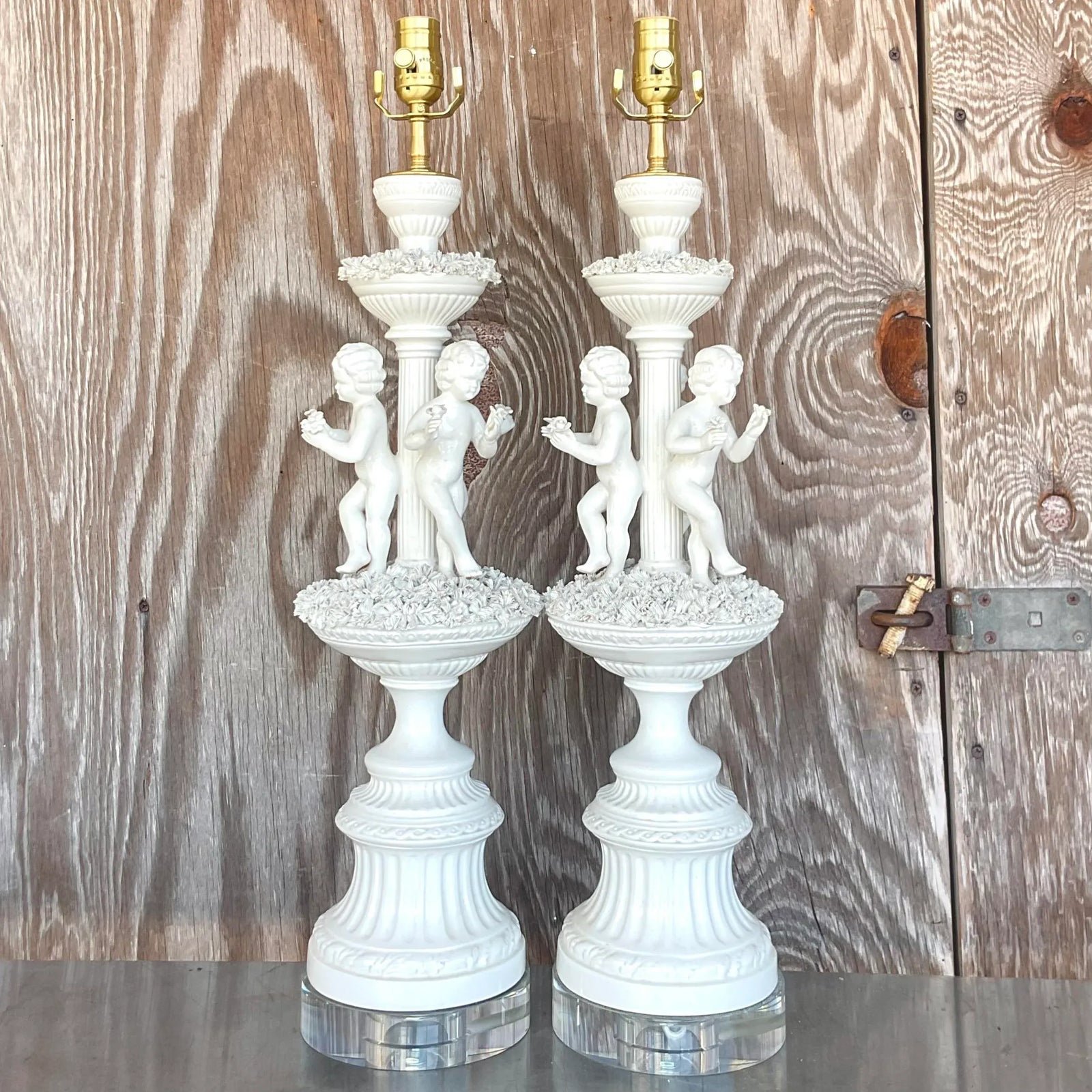 Vintage Regency Glazed Ceramic Putti Style Lamps - a Pair - Side view