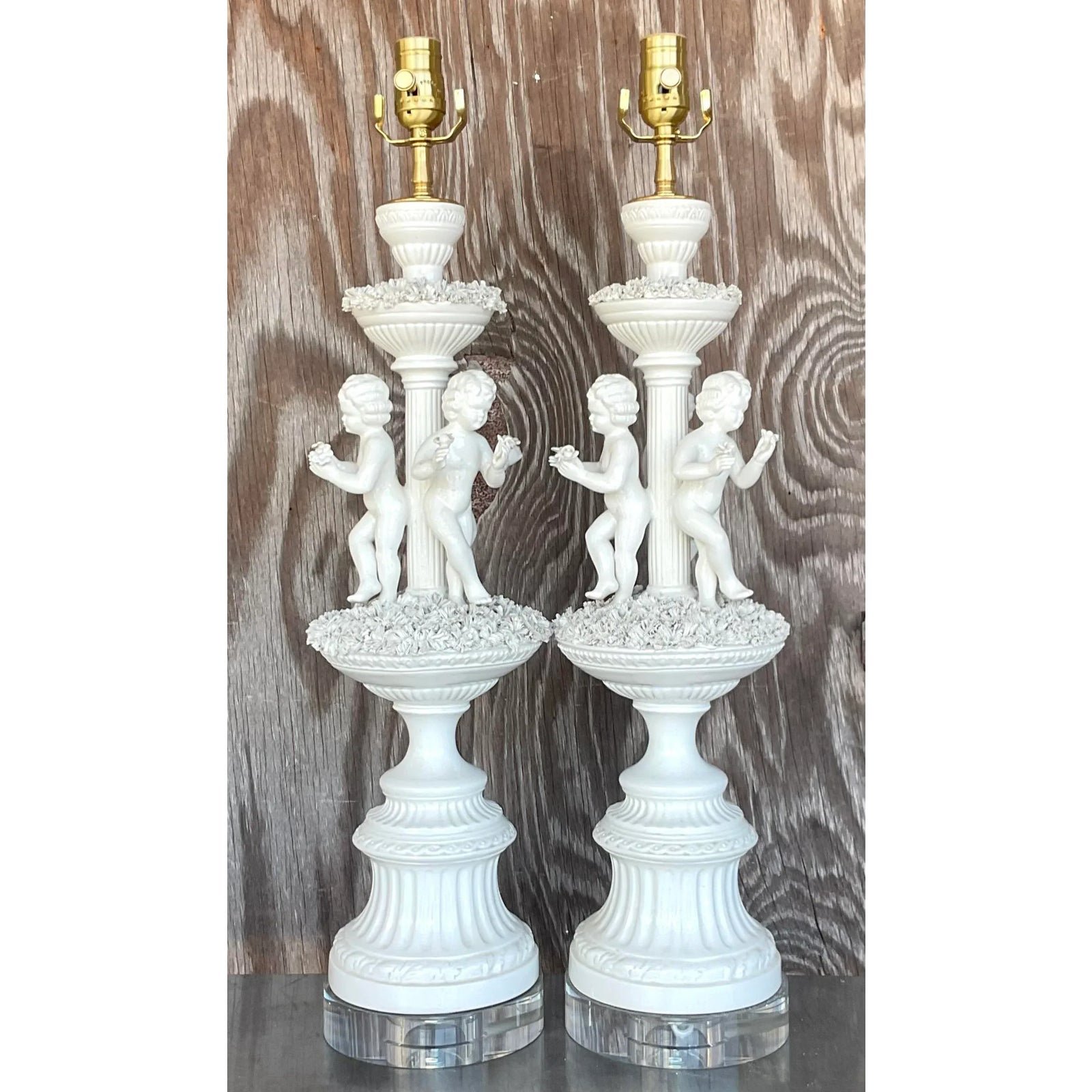 Vintage Regency Glazed Ceramic Putti Style Lamps - a Pair - Back view