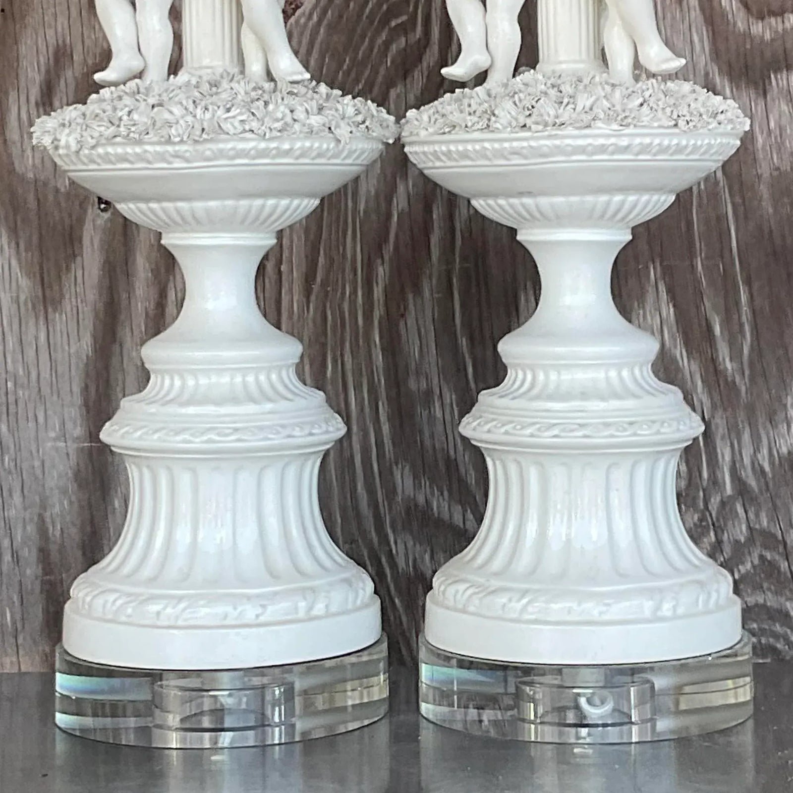 Vintage Regency Glazed Ceramic Putti Style Lamps - a Pair - Top view
