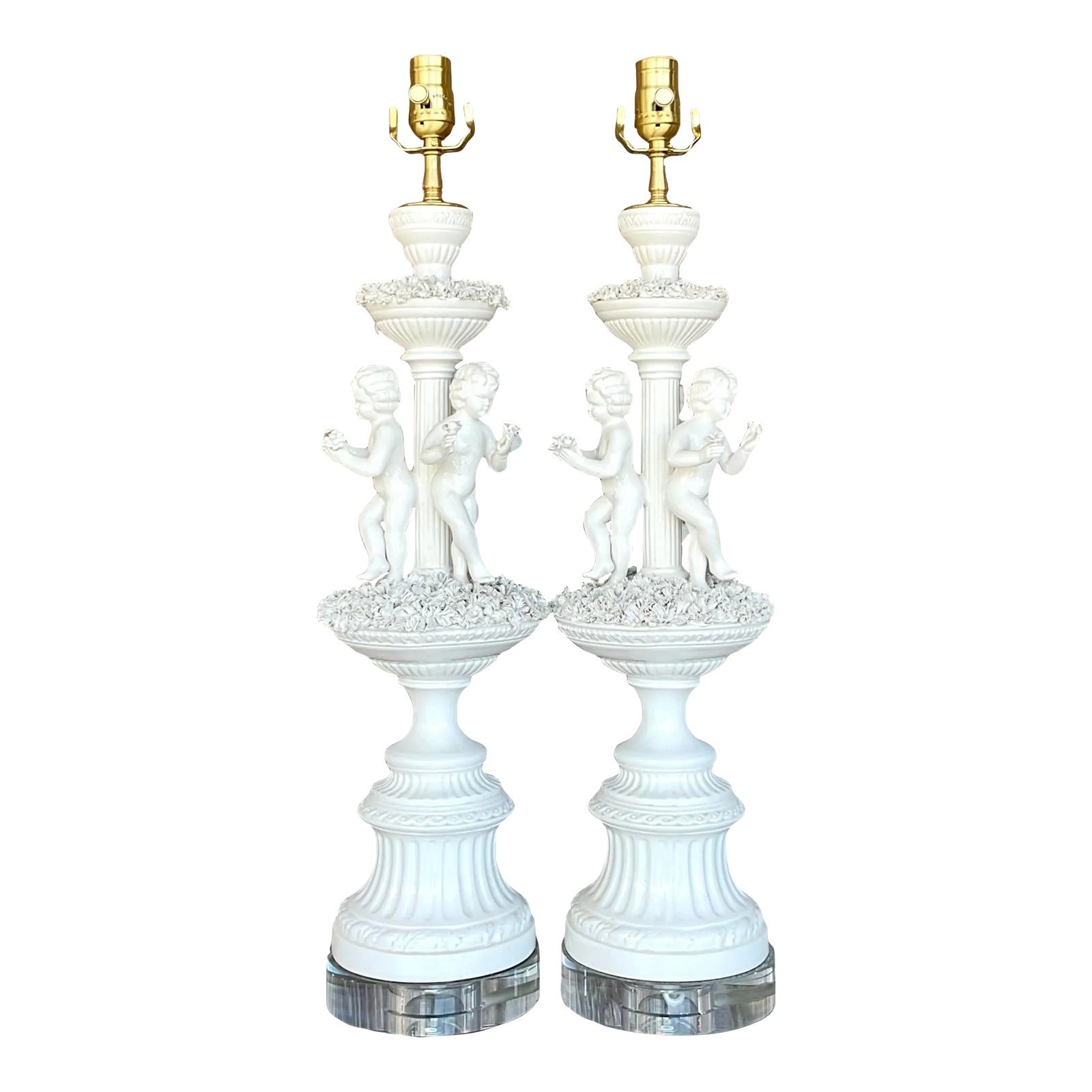Vintage Regency Glazed Ceramic Putti Style Lamps - a Pair