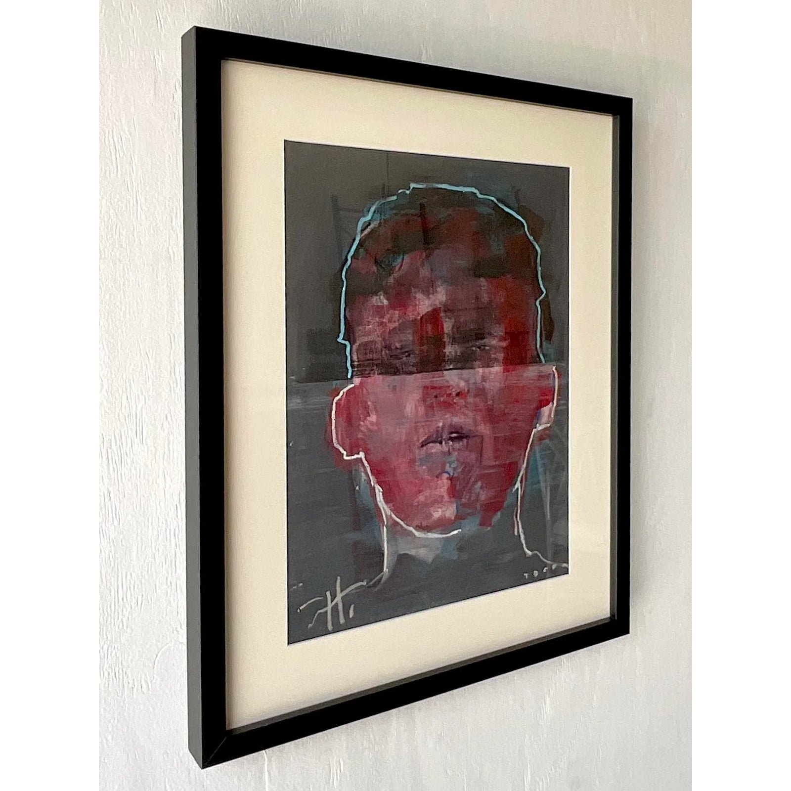 Vintage Abstract Original Signed Oil Portrait Painting on Paper - Detail view