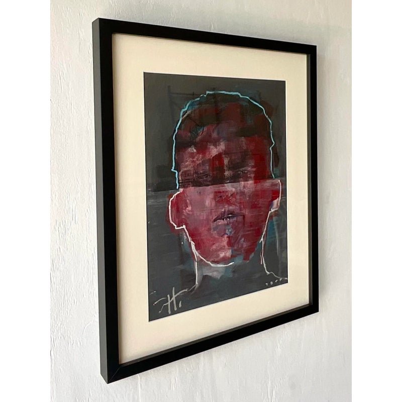 Vintage Abstract Original Signed Oil Portrait Painting on Paper - Side view