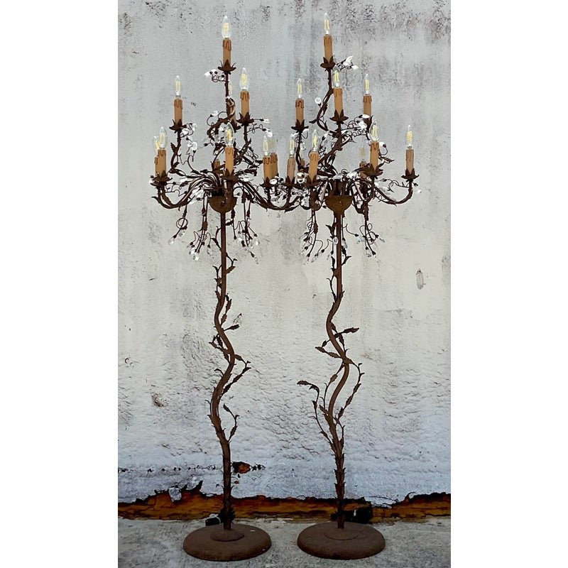 Vintage Boho Patinated Crystal Teardrop Floor Chandelier Lamps - a Pair - Detail view