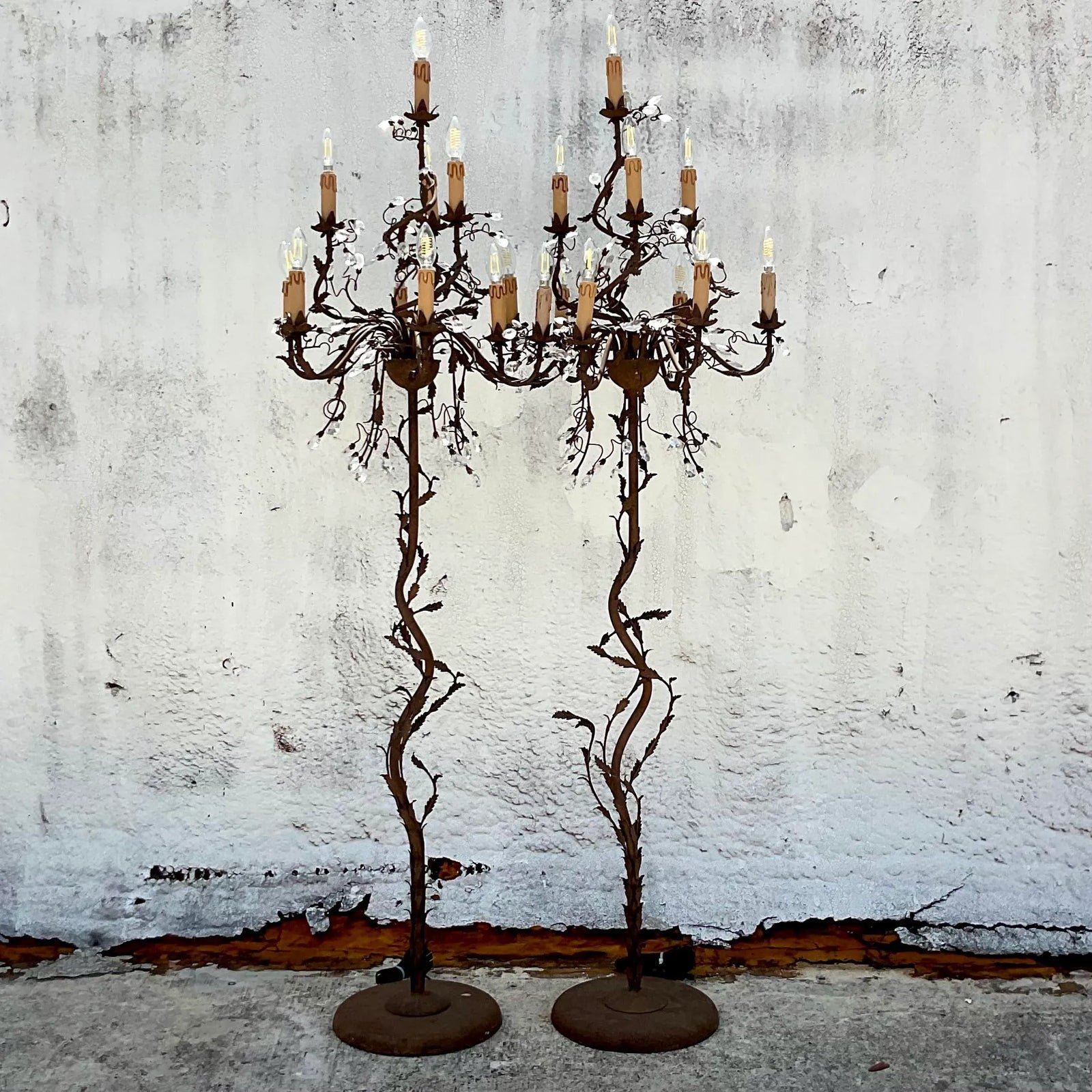 Vintage Boho Patinated Crystal Teardrop Floor Chandelier Lamps - a Pair - Side view
