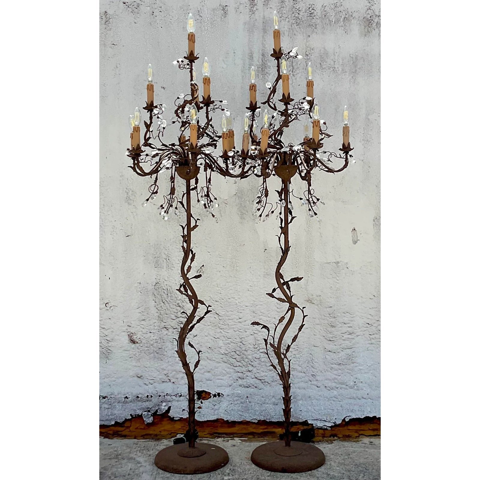 Vintage Boho Patinated Crystal Teardrop Floor Chandelier Lamps - a Pair - Top view