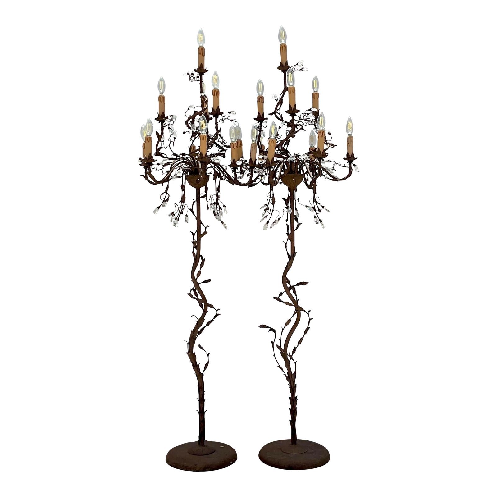 Vintage Boho Patinated Crystal Teardrop Floor Chandelier Lamps - a Pair