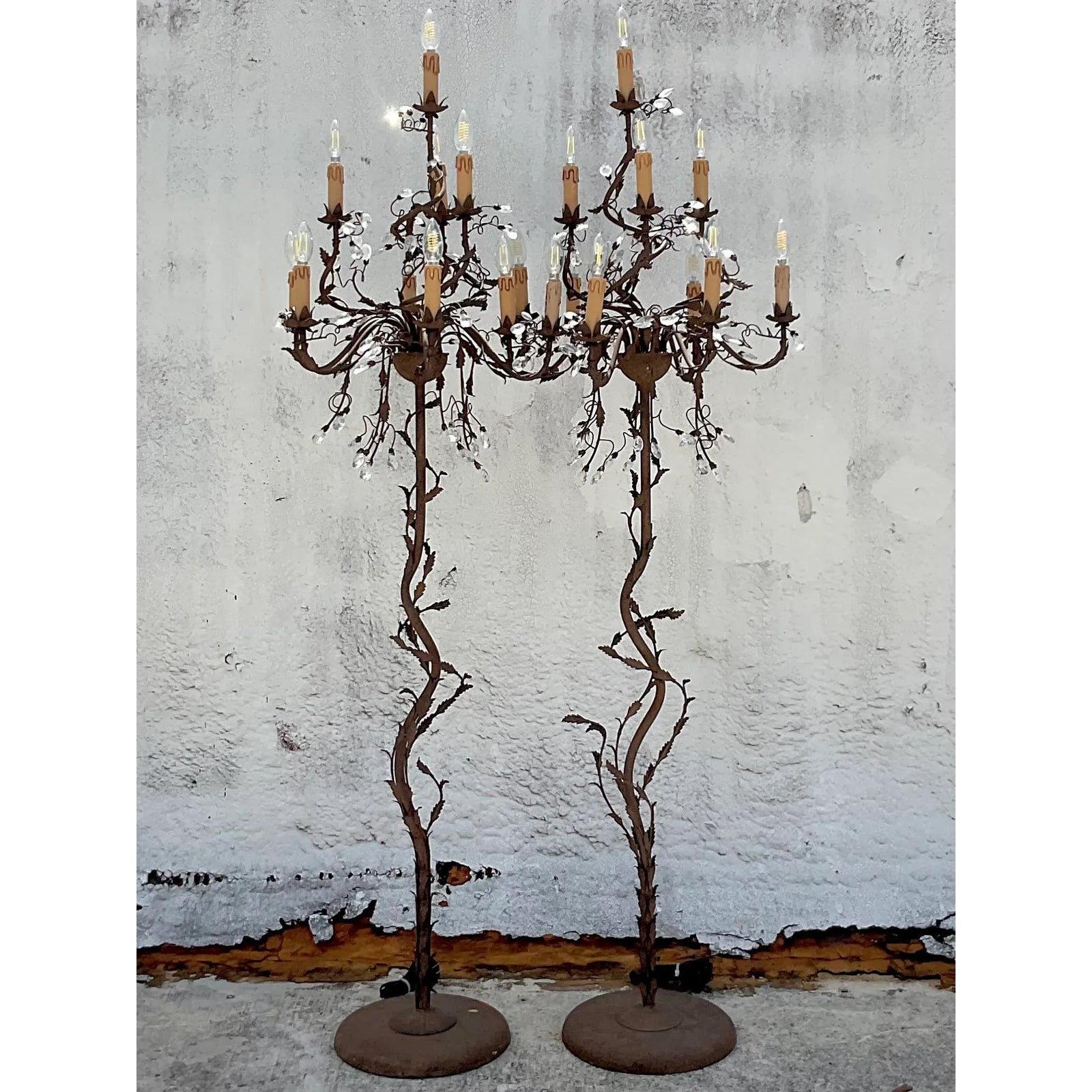 Vintage Boho Patinated Crystal Teardrop Floor Chandelier Lamps - a Pair - Back view