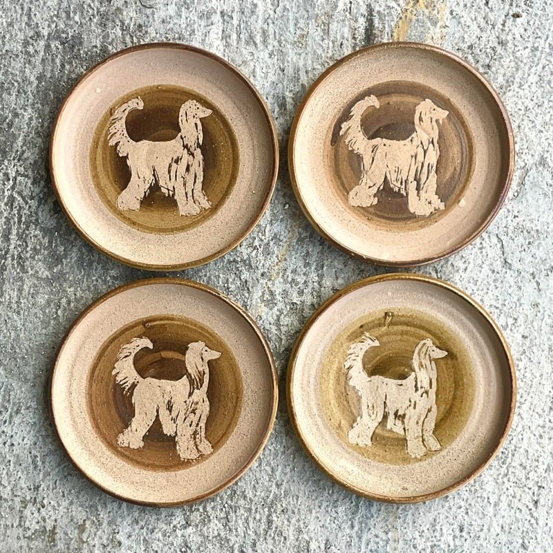 Vintage Boho Signed Studio Pottery Plates With Afghan Dogs - Set of 4 - Detail view