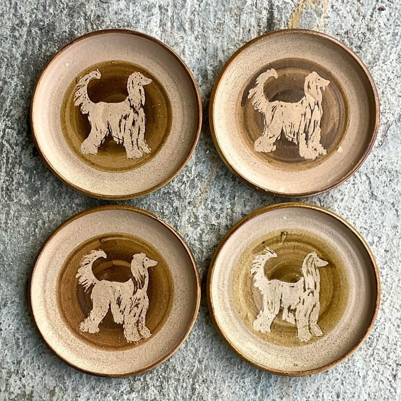 Vintage Boho Signed Studio Pottery Plates With Afghan Dogs - Set of 4 - Back view