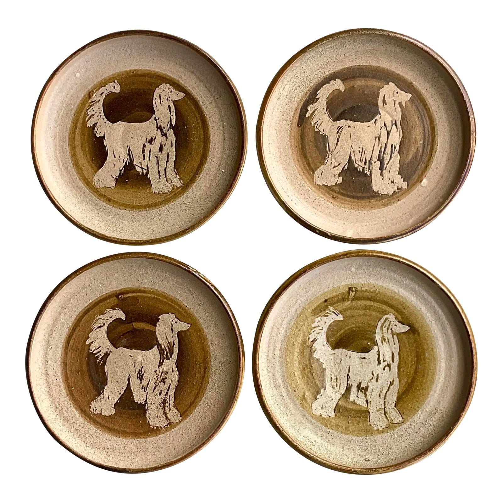 Vintage Boho Signed Studio Pottery Plates With Afghan Dogs - Set of 4
