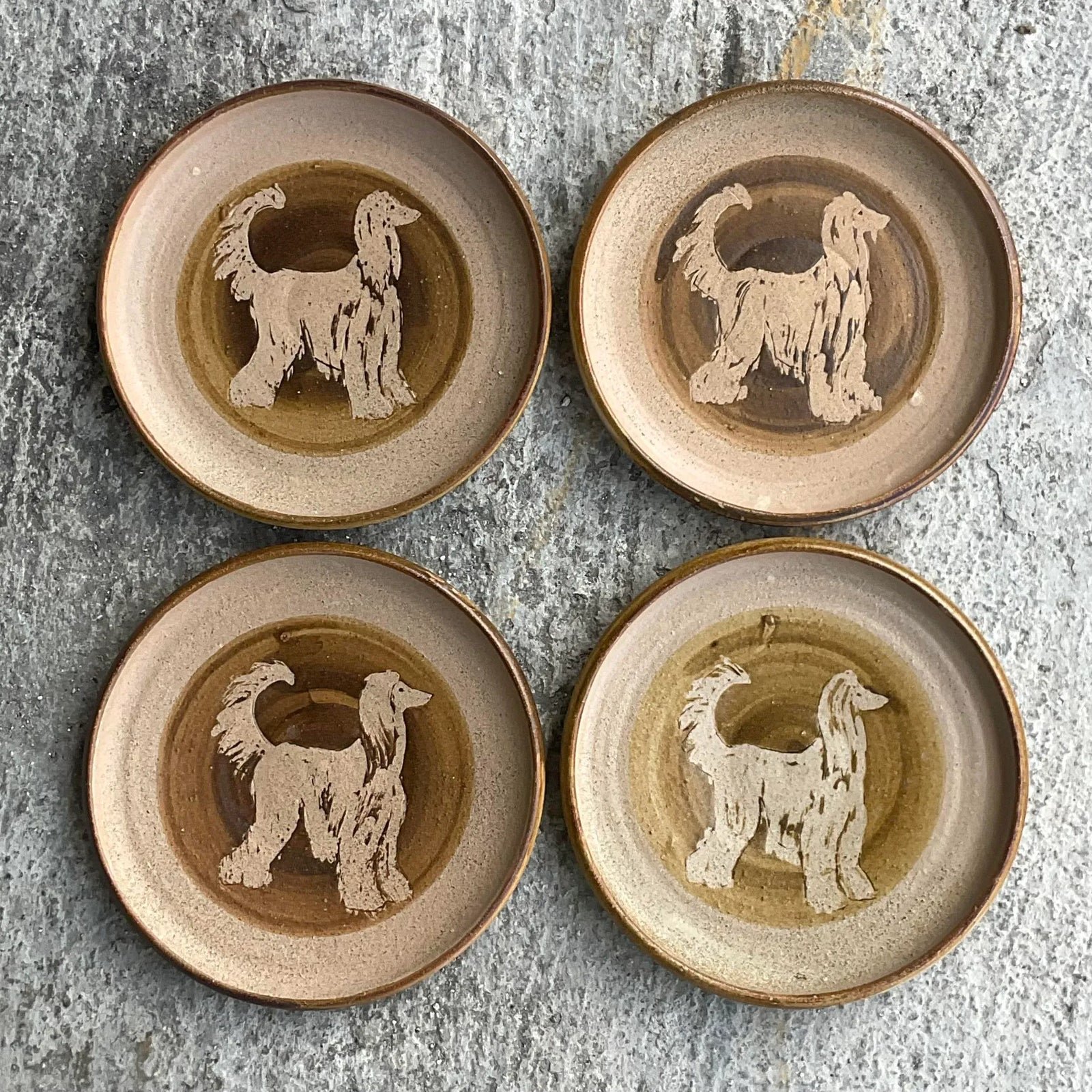 Vintage Boho Signed Studio Pottery Plates With Afghan Dogs - Set of 4 - Top view