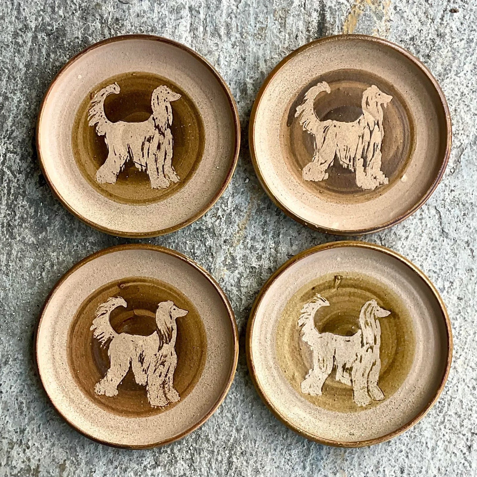 Vintage Boho Signed Studio Pottery Plates With Afghan Dogs - Set of 4 - Side view