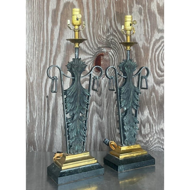 Vintage Boho Maitland Smith Patinated Fleur De Lys Lamps - a Pair - Top view
