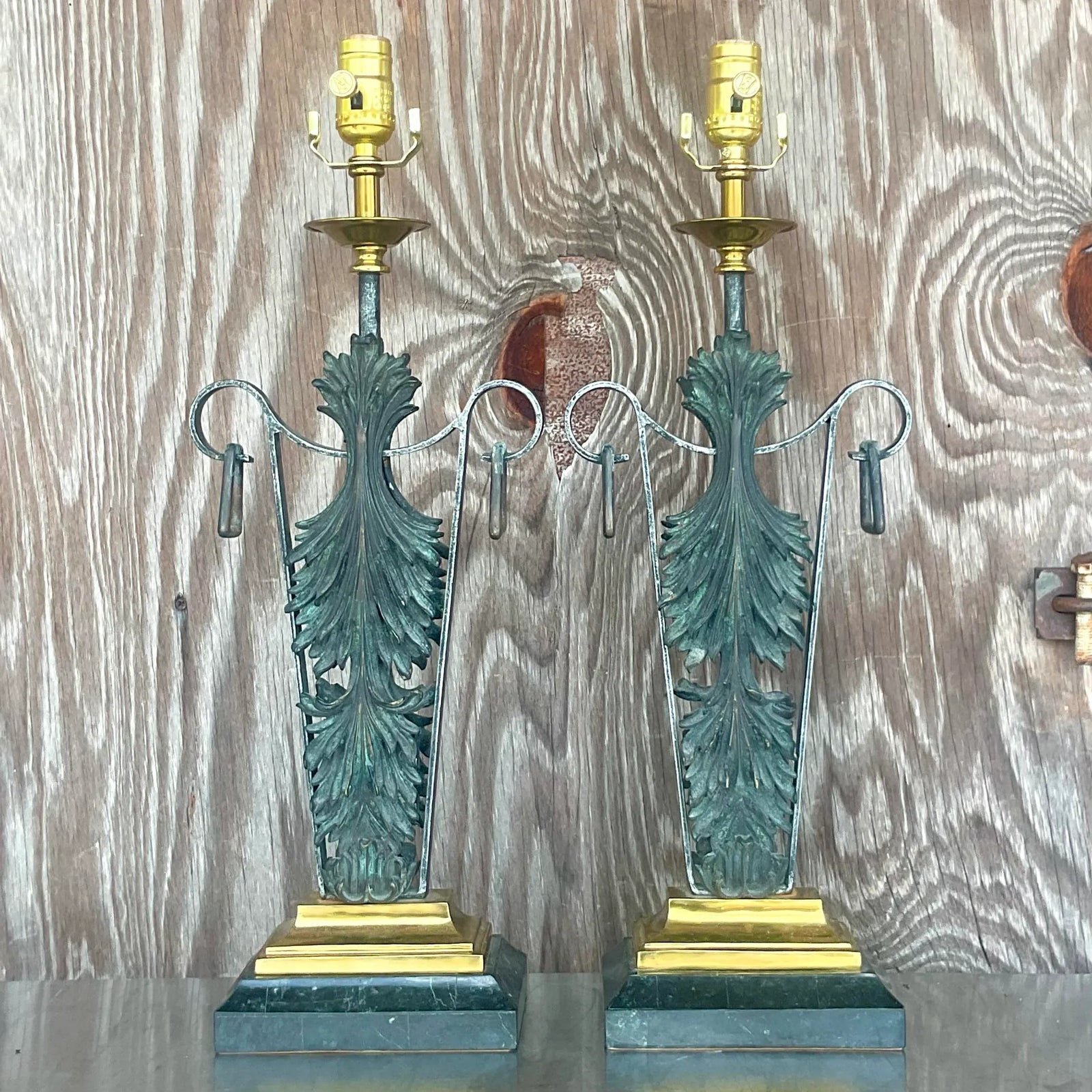 Vintage Boho Maitland Smith Patinated Fleur De Lys Lamps - a Pair - Side view