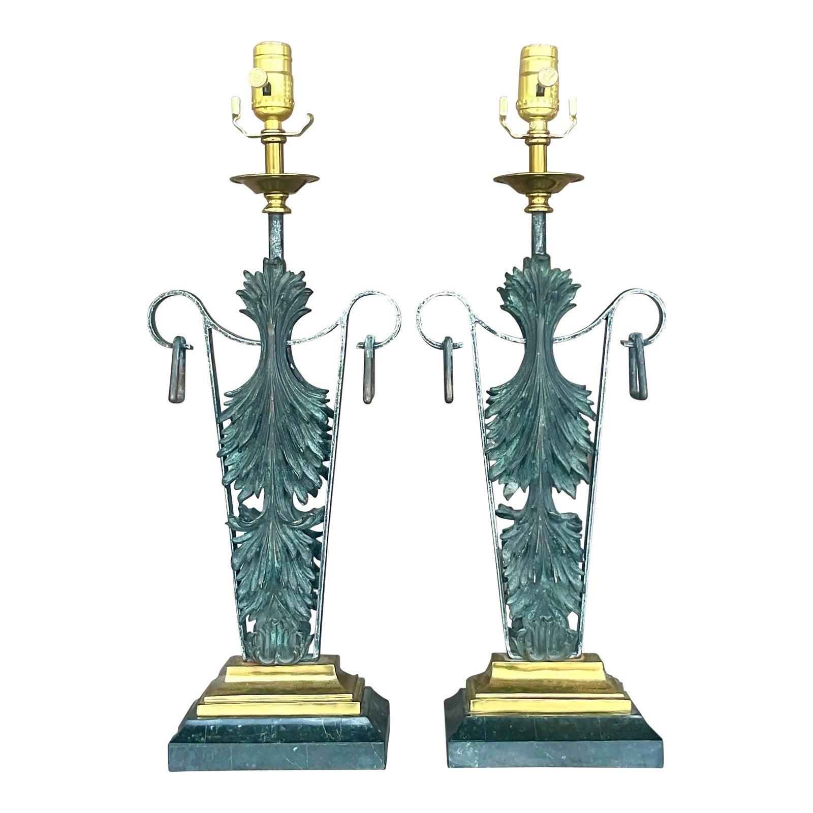 Vintage Boho Maitland Smith Patinated Fleur De Lys Lamps - a Pair