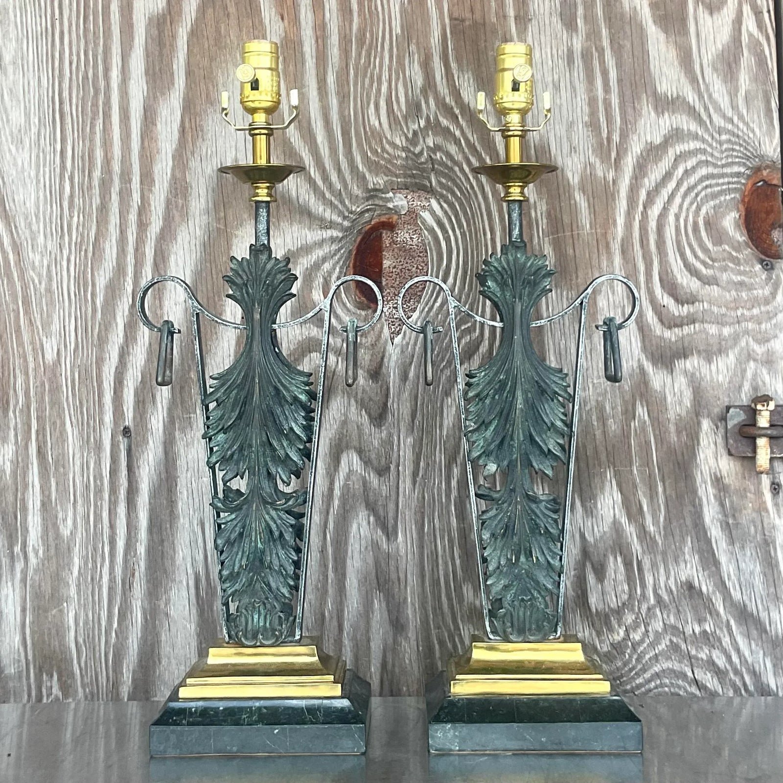 Vintage Boho Maitland Smith Patinated Fleur De Lys Lamps - a Pair - Back view