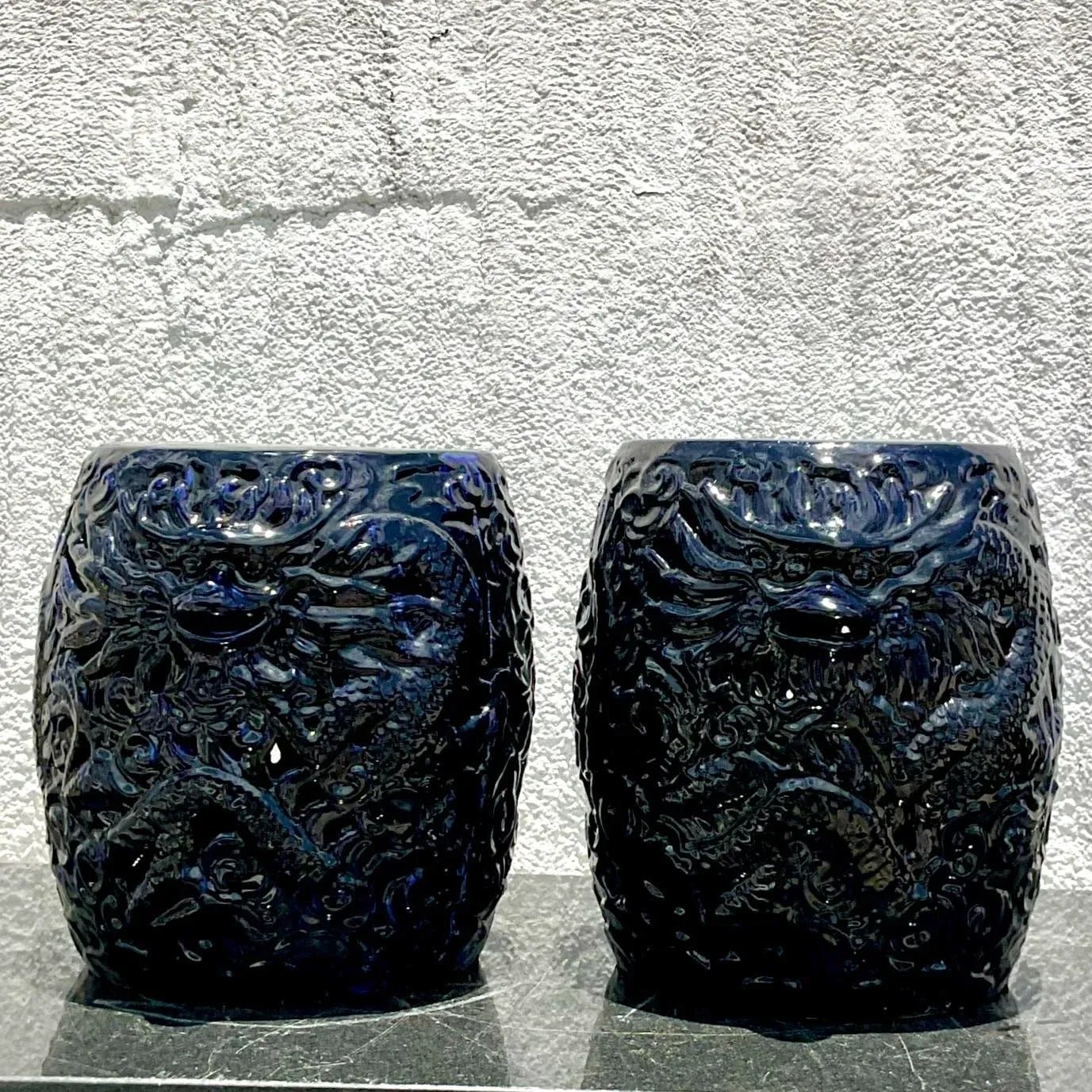 Vintage Boho Glazed Ceramic Dragon Stools - a Pair - Back view