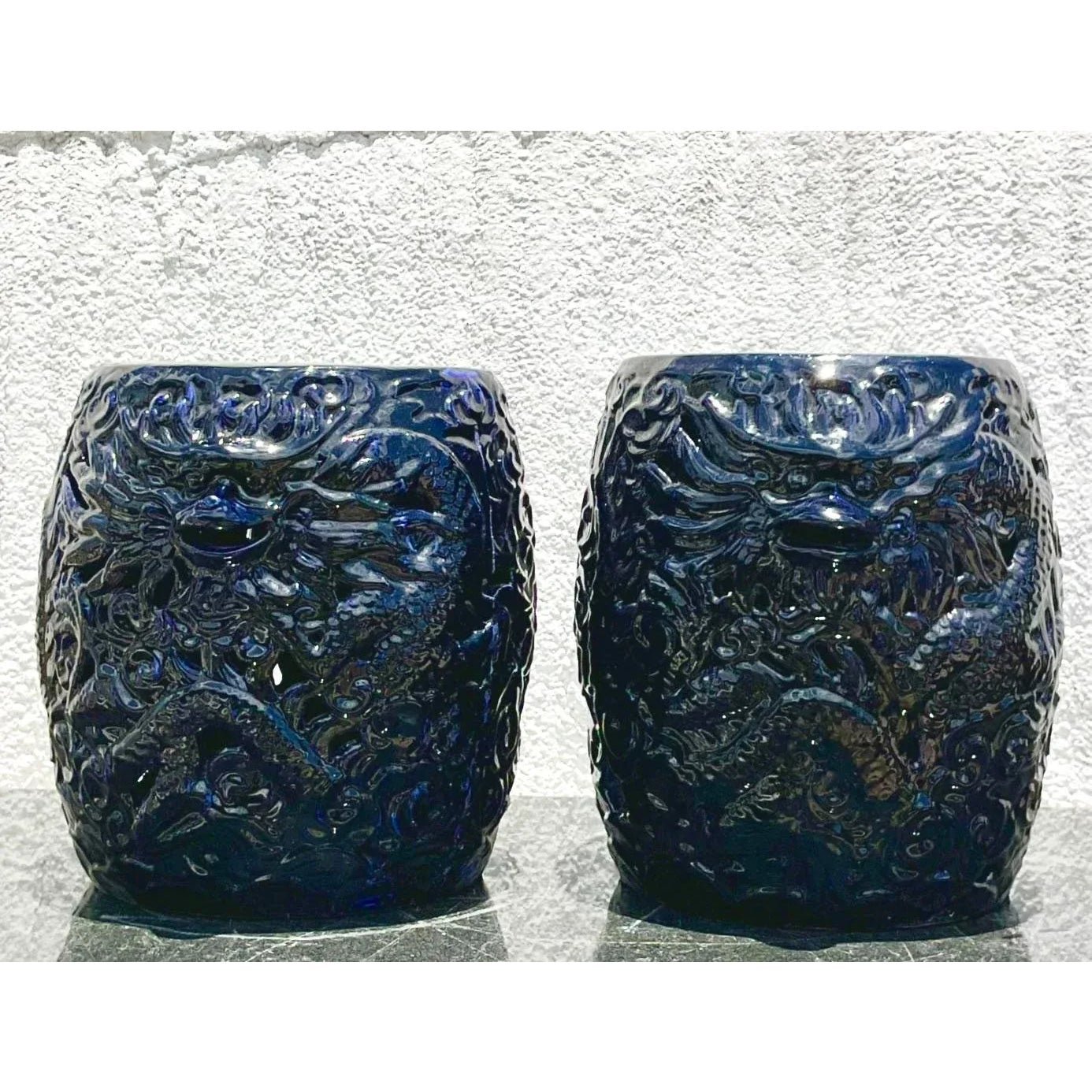 Vintage Boho Glazed Ceramic Dragon Stools - a Pair - Side view