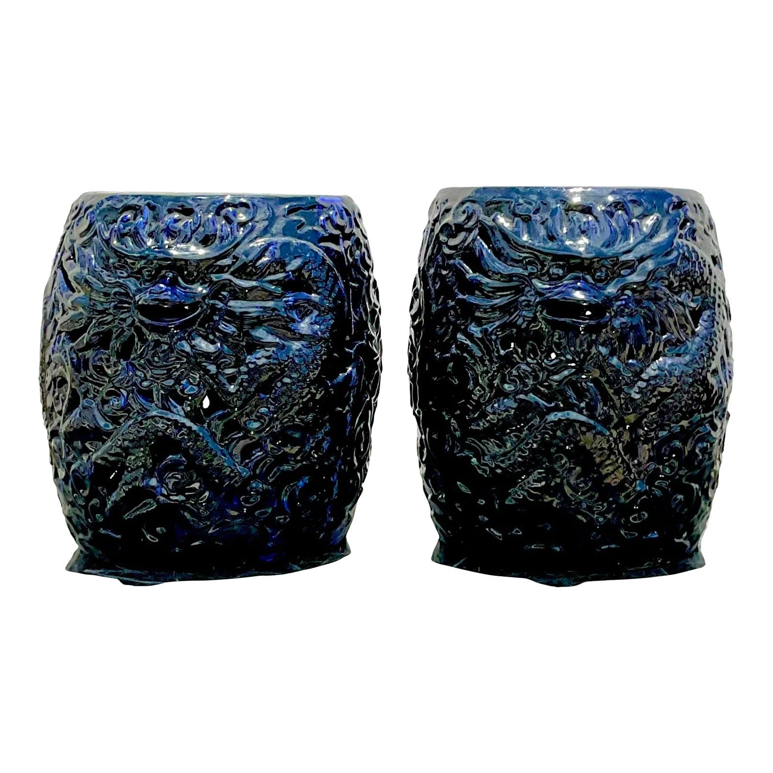 Vintage Boho Glazed Ceramic Dragon Stools - a Pair