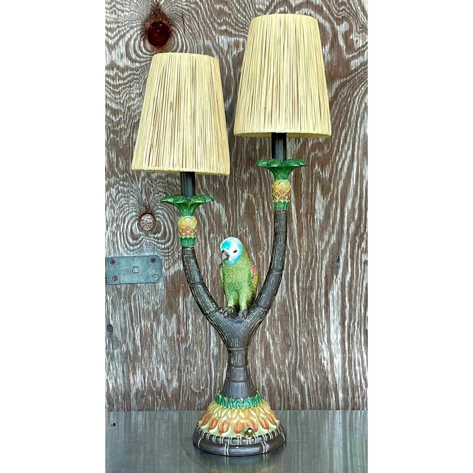Vintage Boho Happy Parakeet Lamp - Back view