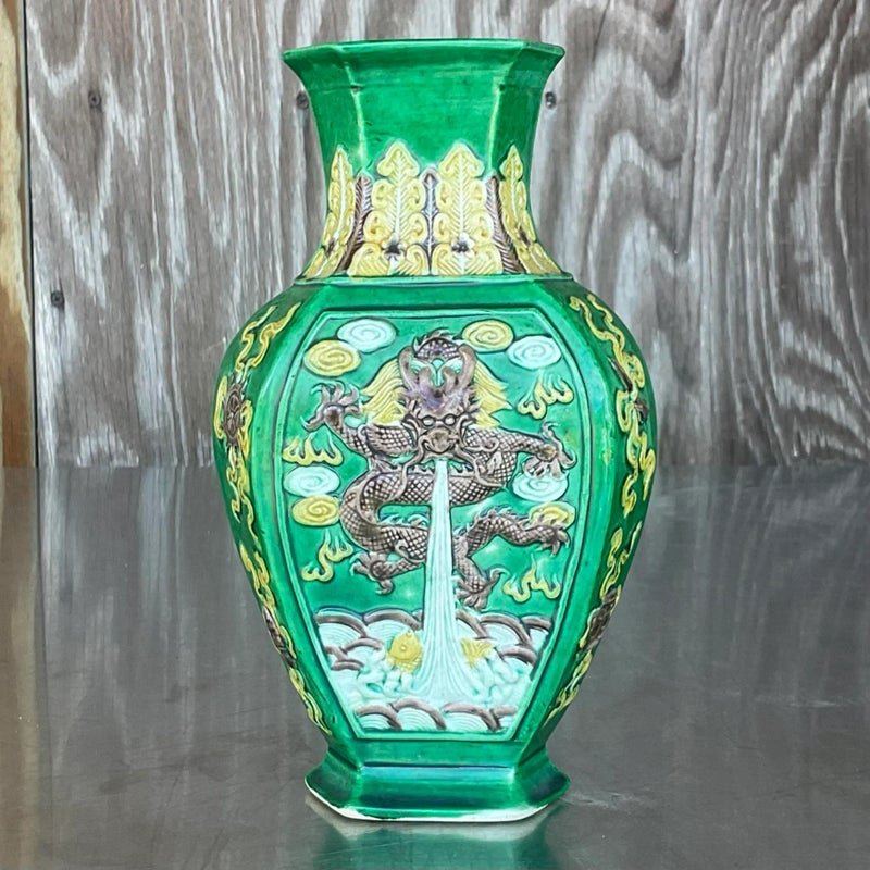 Vintage 1920s Asian Dragon Vase - Top view