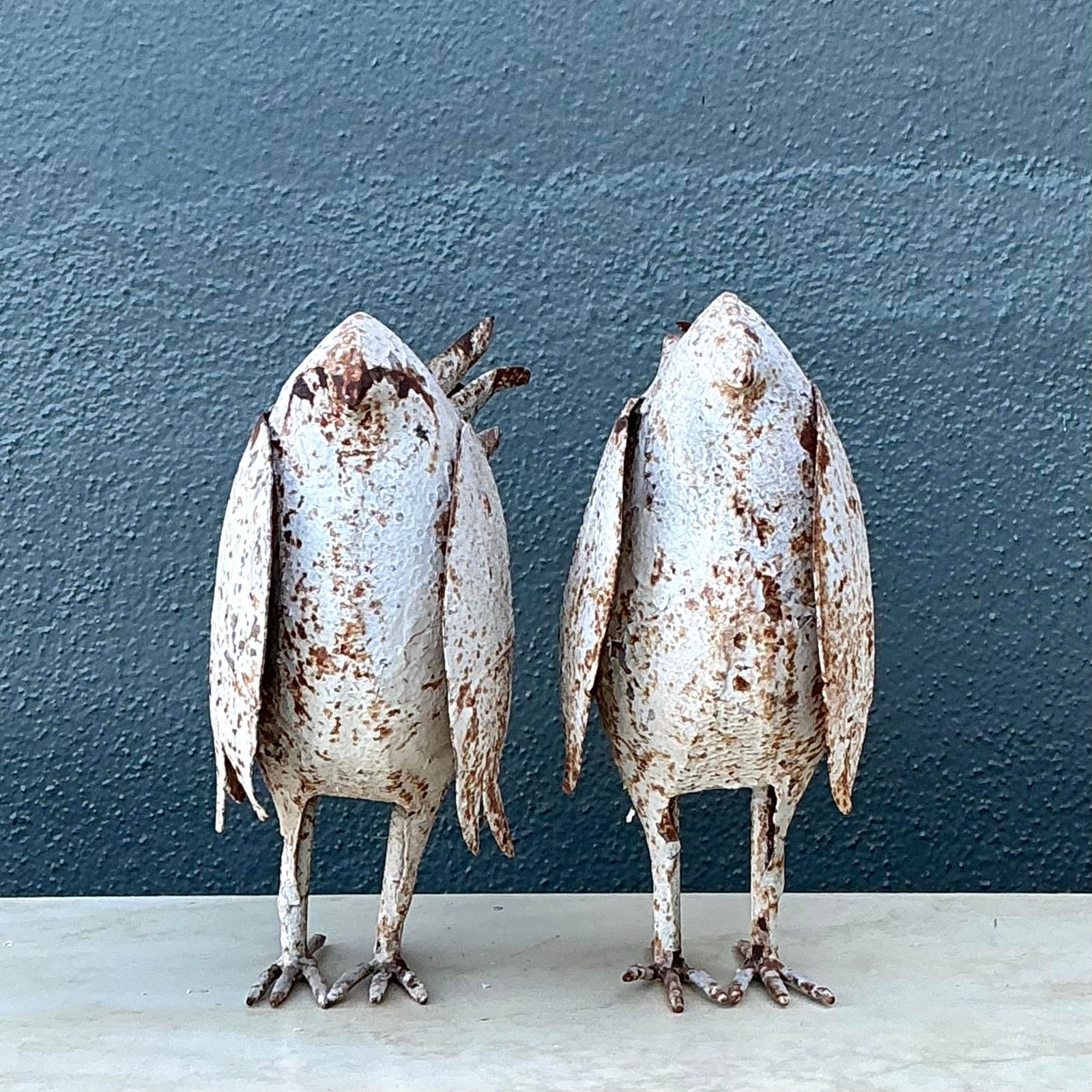 Vintage Distressed Punch Cut Metal Birds - A Pair - Top view