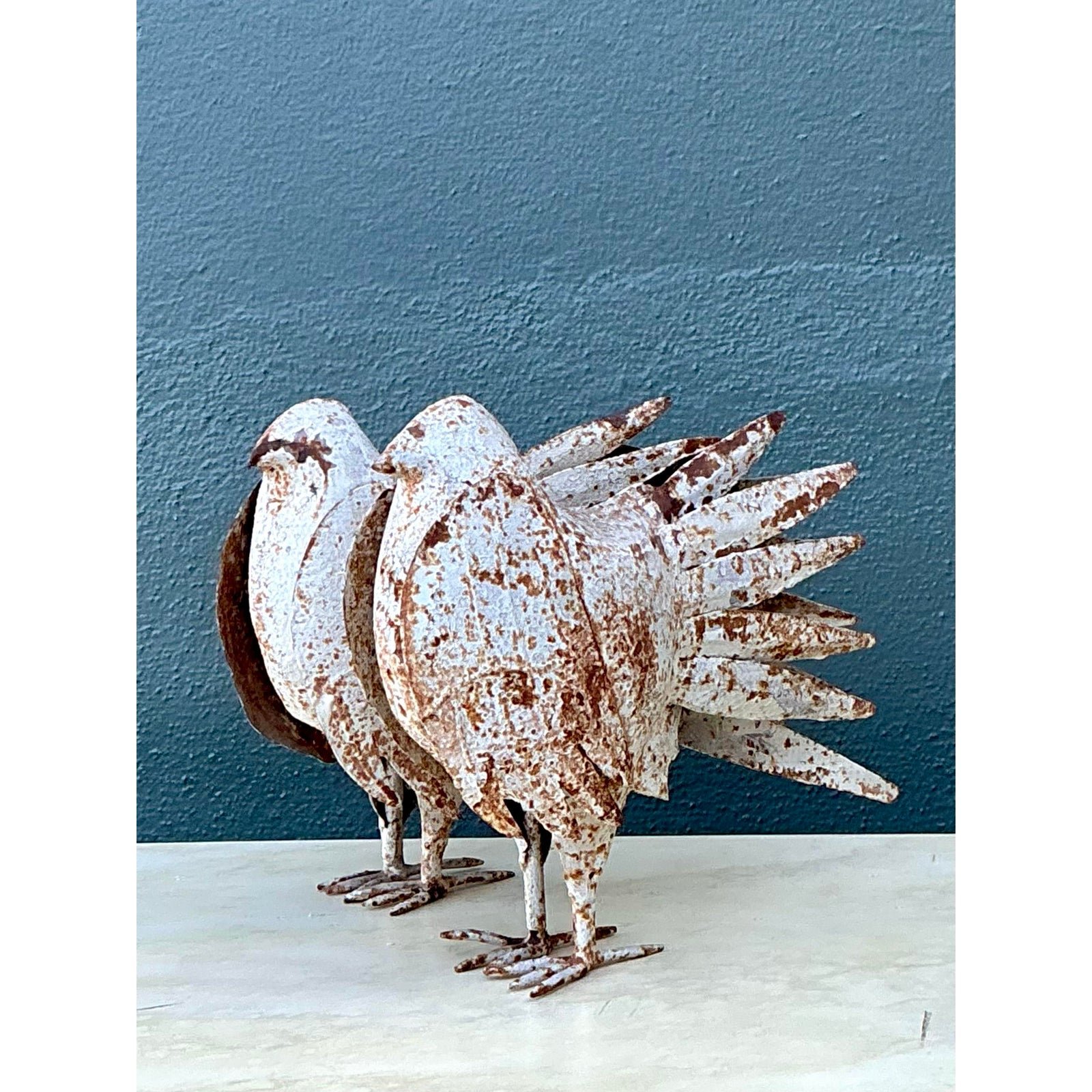 Vintage Distressed Punch Cut Metal Birds - A Pair - Detail view