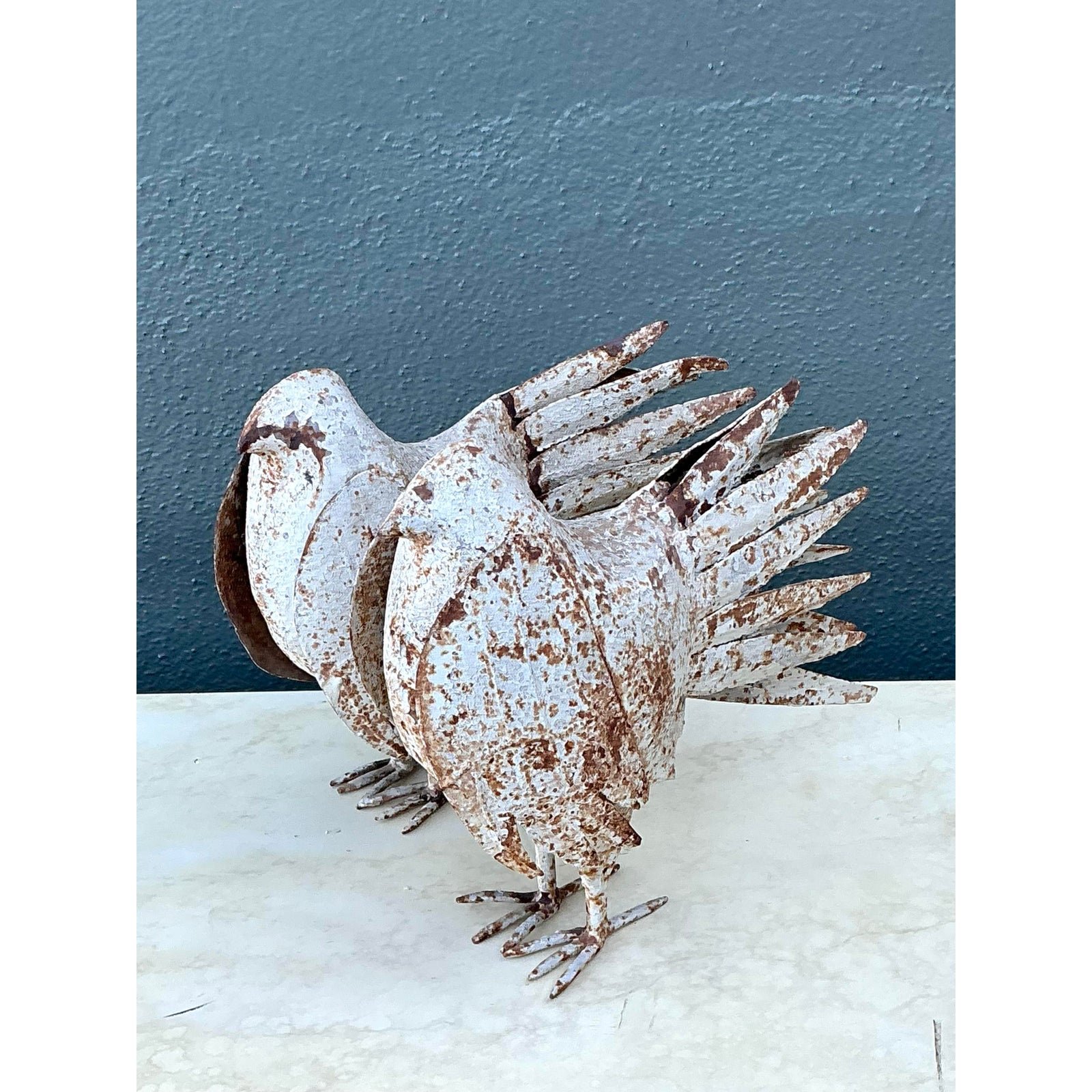 Vintage Distressed Punch Cut Metal Birds - A Pair - Side view