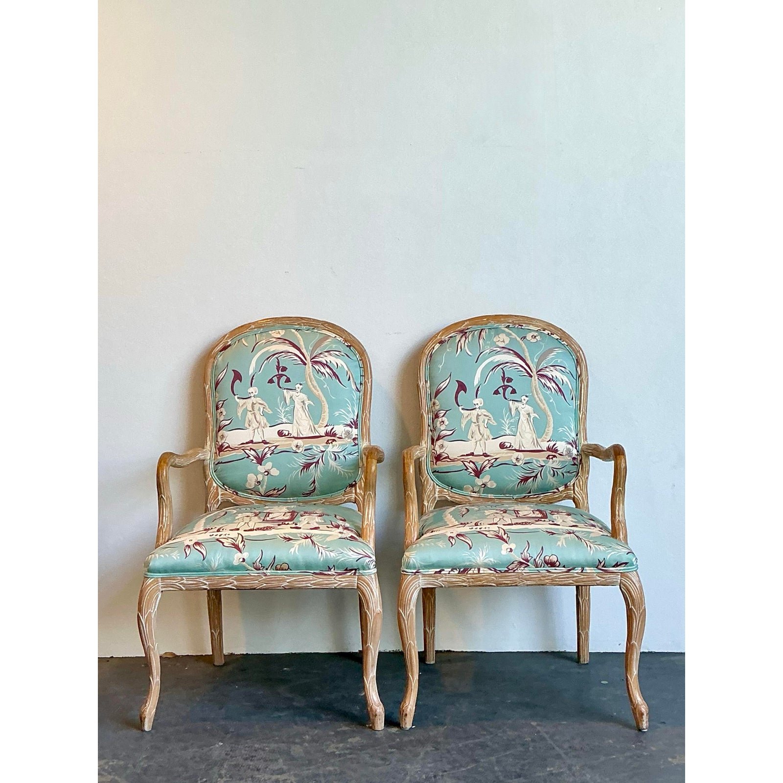 Vintage Faux Bois Fauteuil Chairs - A Pair - Side view