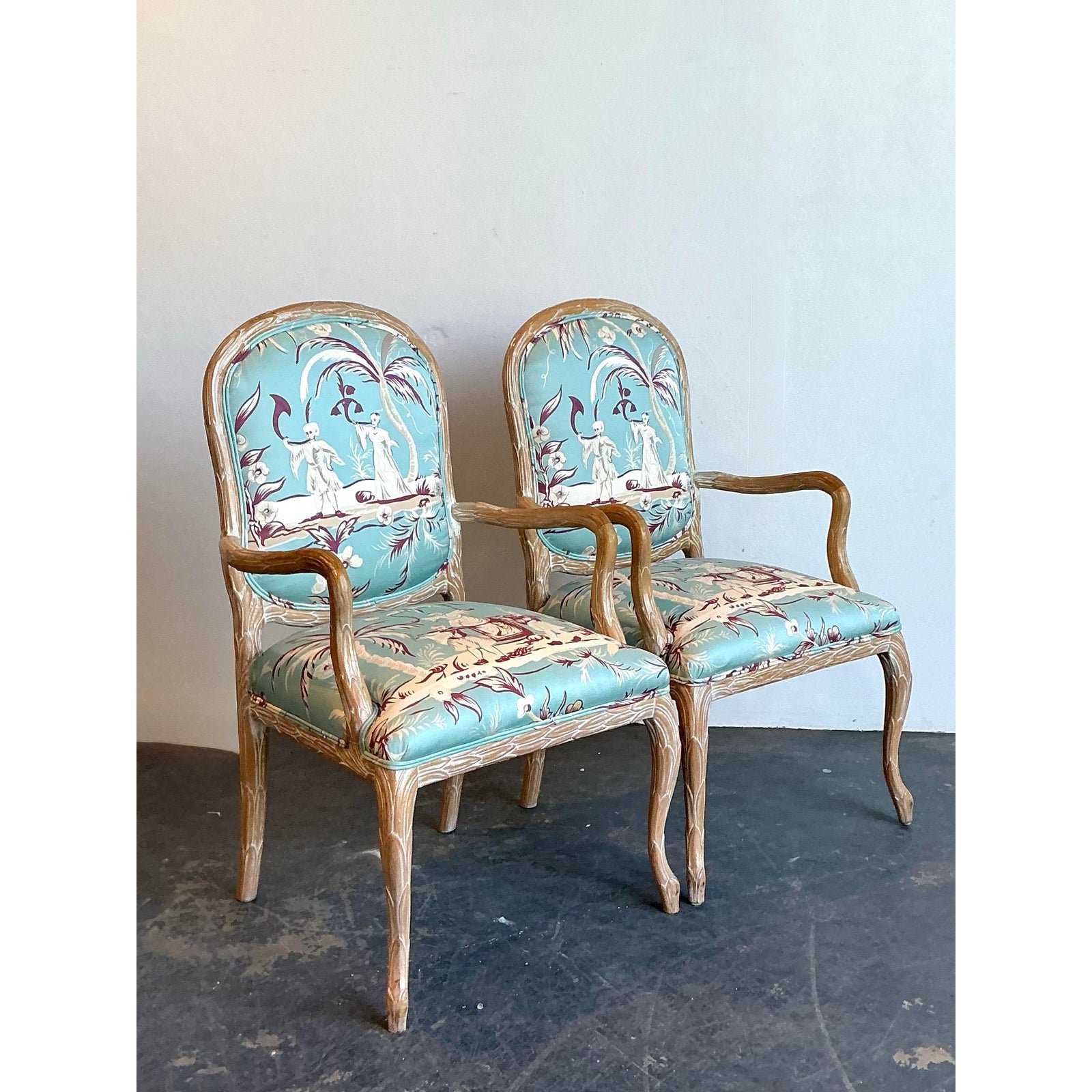 Vintage Faux Bois Fauteuil Chairs - A Pair - Back view