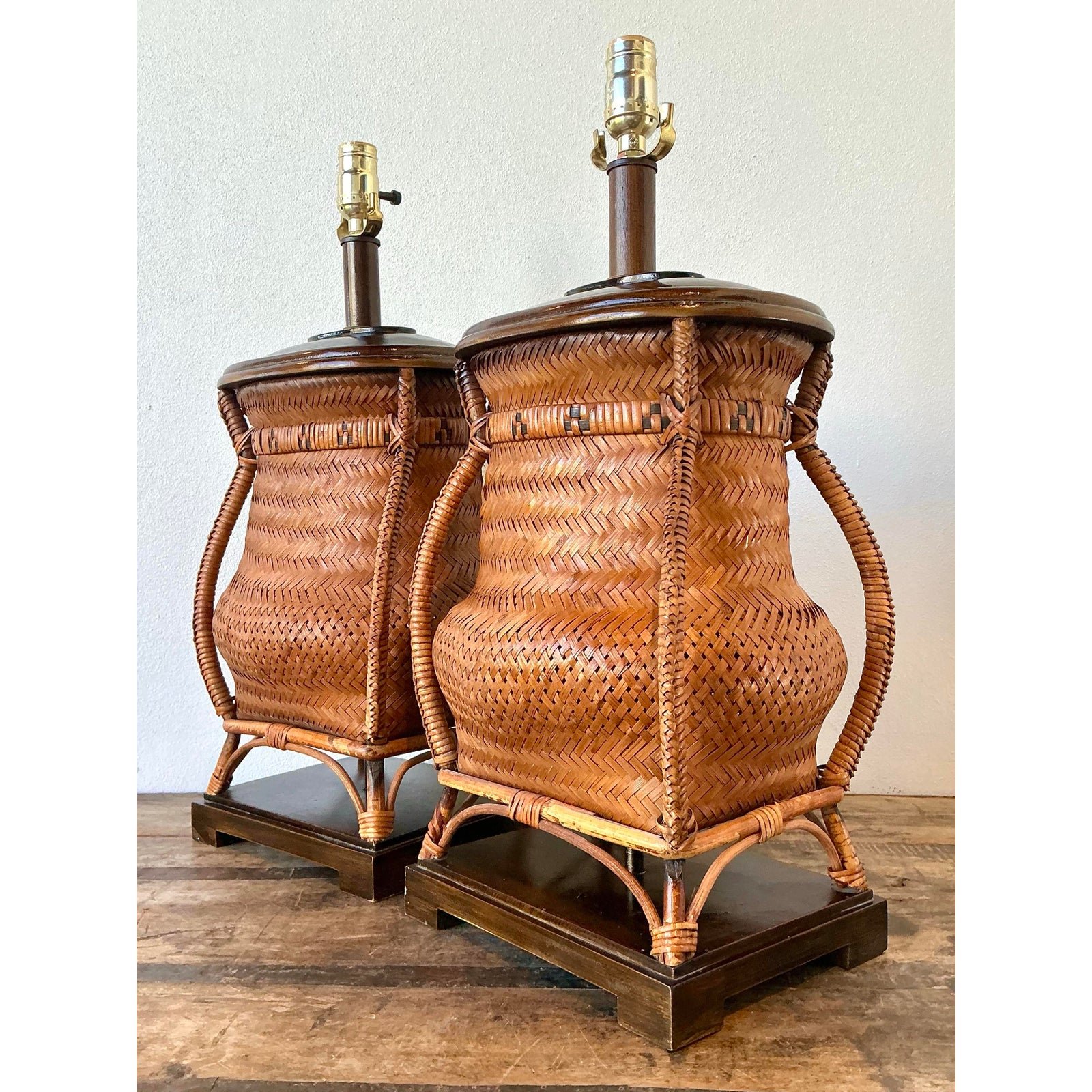 Vintage Woven Rattan Basket Lamps - A Pair - Back view