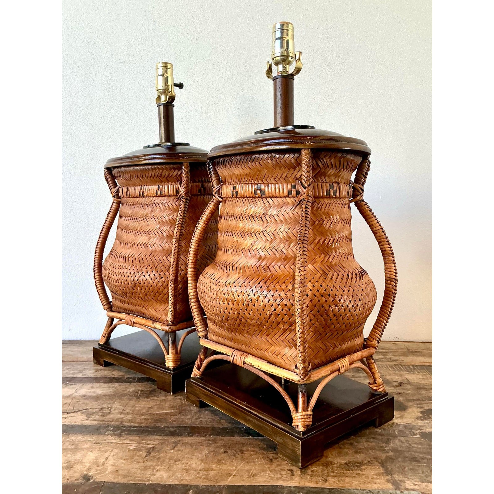 Vintage Woven Rattan Basket Lamps - A Pair - Top view