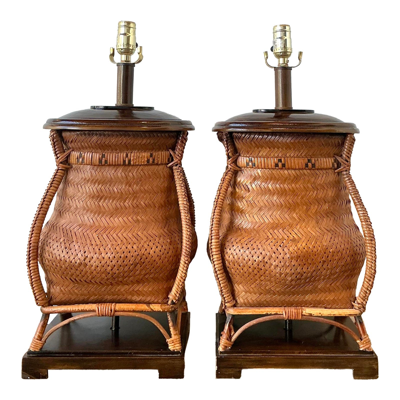 Vintage Woven Rattan Basket Lamps - A Pair