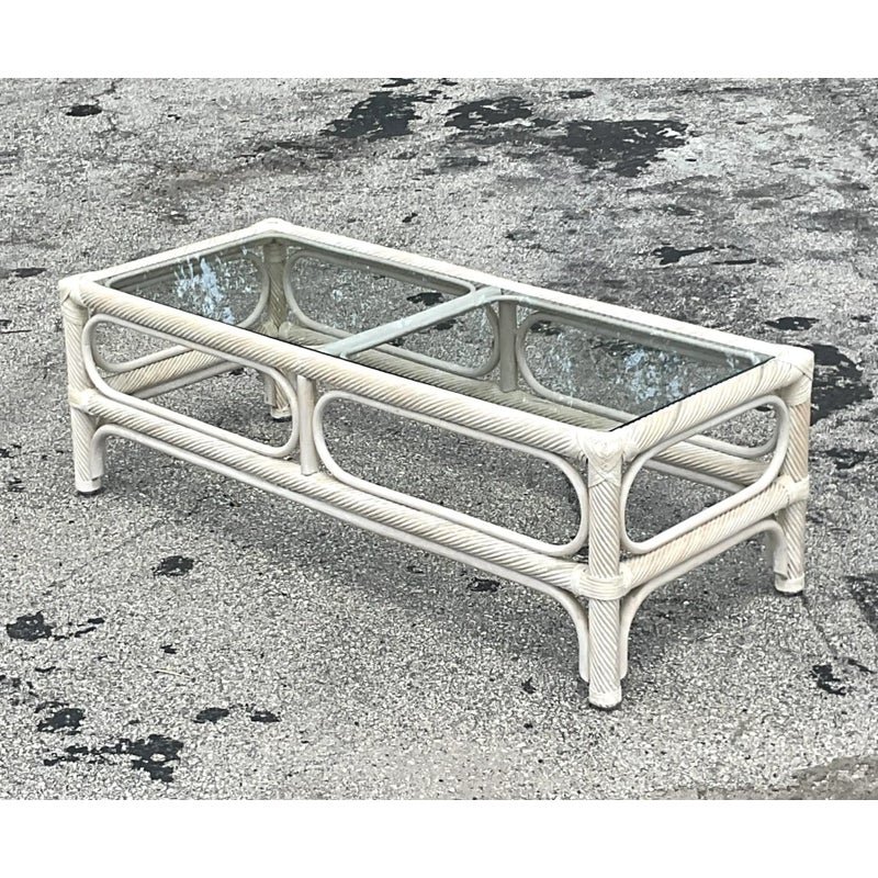 Vintage Coastal Cerused Pencil Reed Coffee Table - Top view
