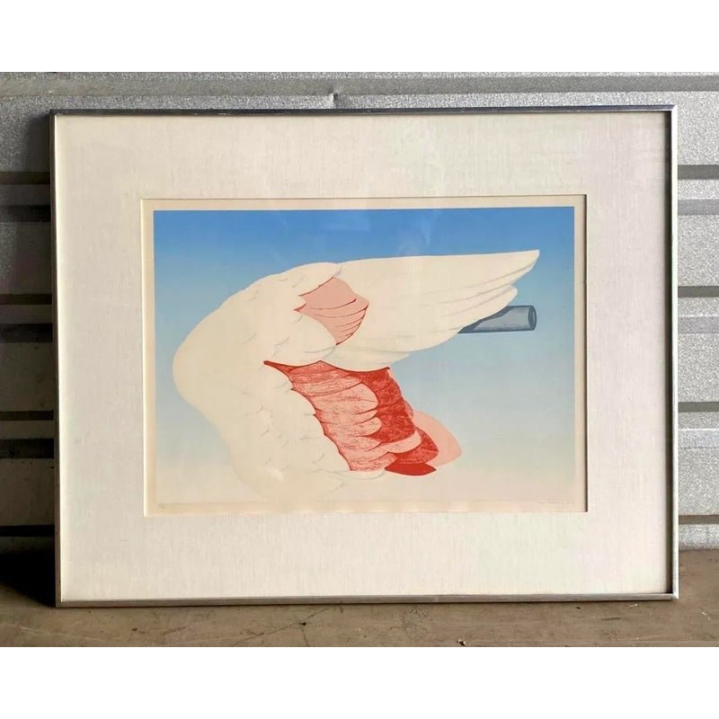 Vintage Boho Signed Original 1972 Lithograph of Flamingo Wing - Detail view