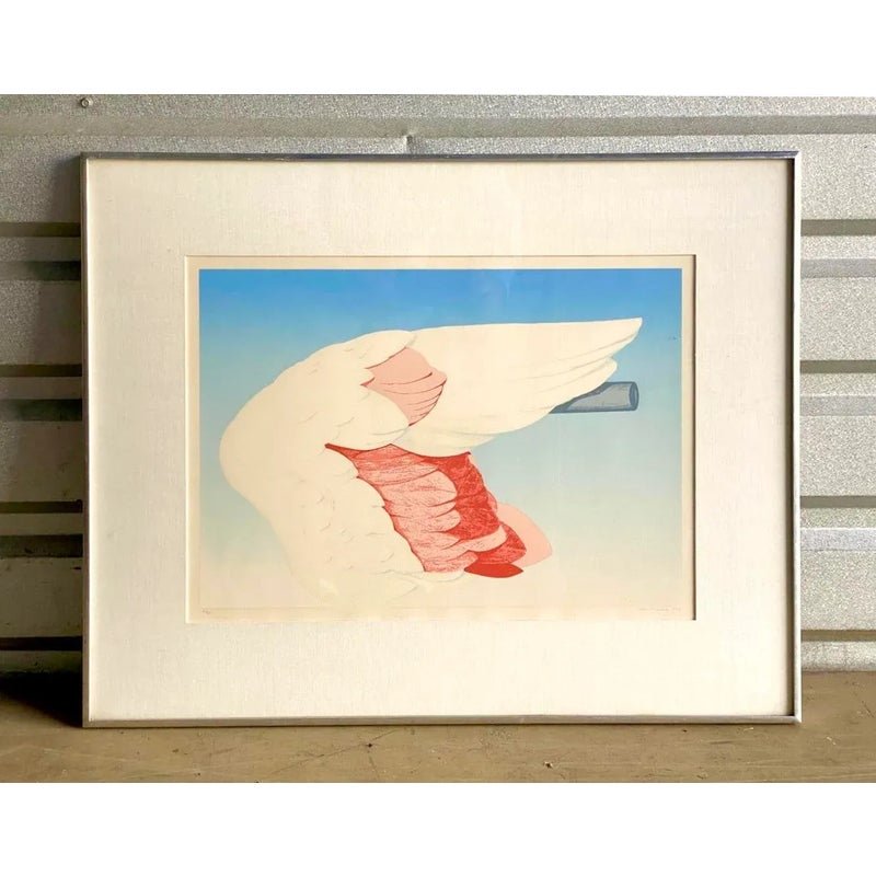 Vintage Boho Signed Original 1972 Lithograph of Flamingo Wing - Side view