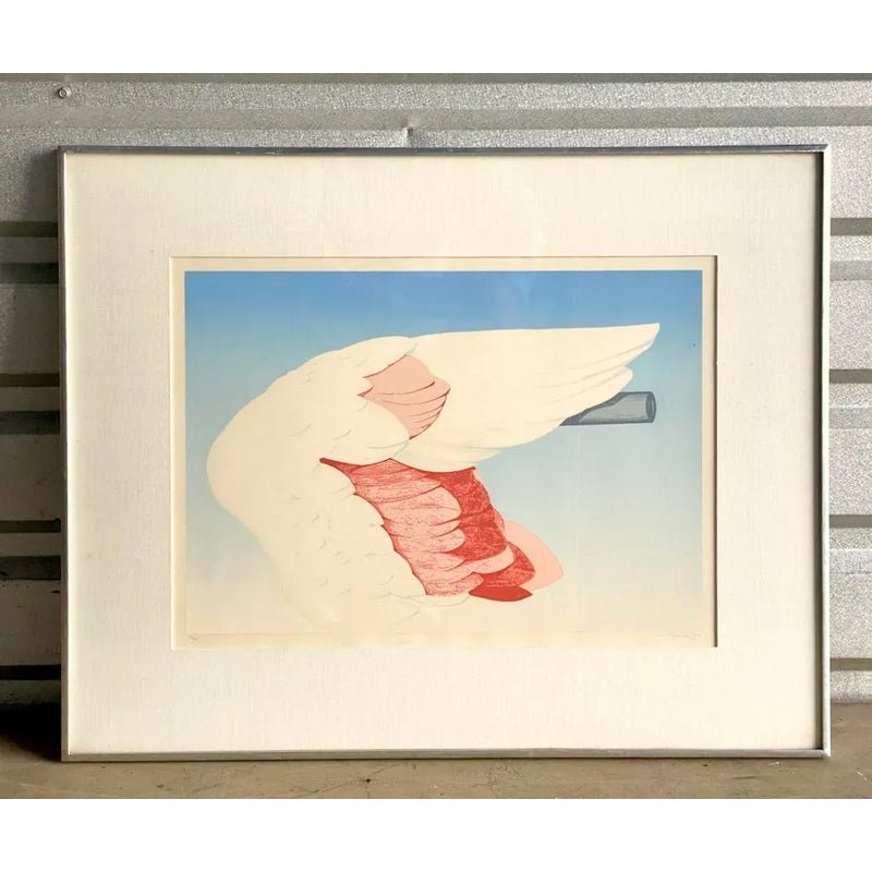Vintage Boho Signed Original 1972 Lithograph of Flamingo Wing - Back view