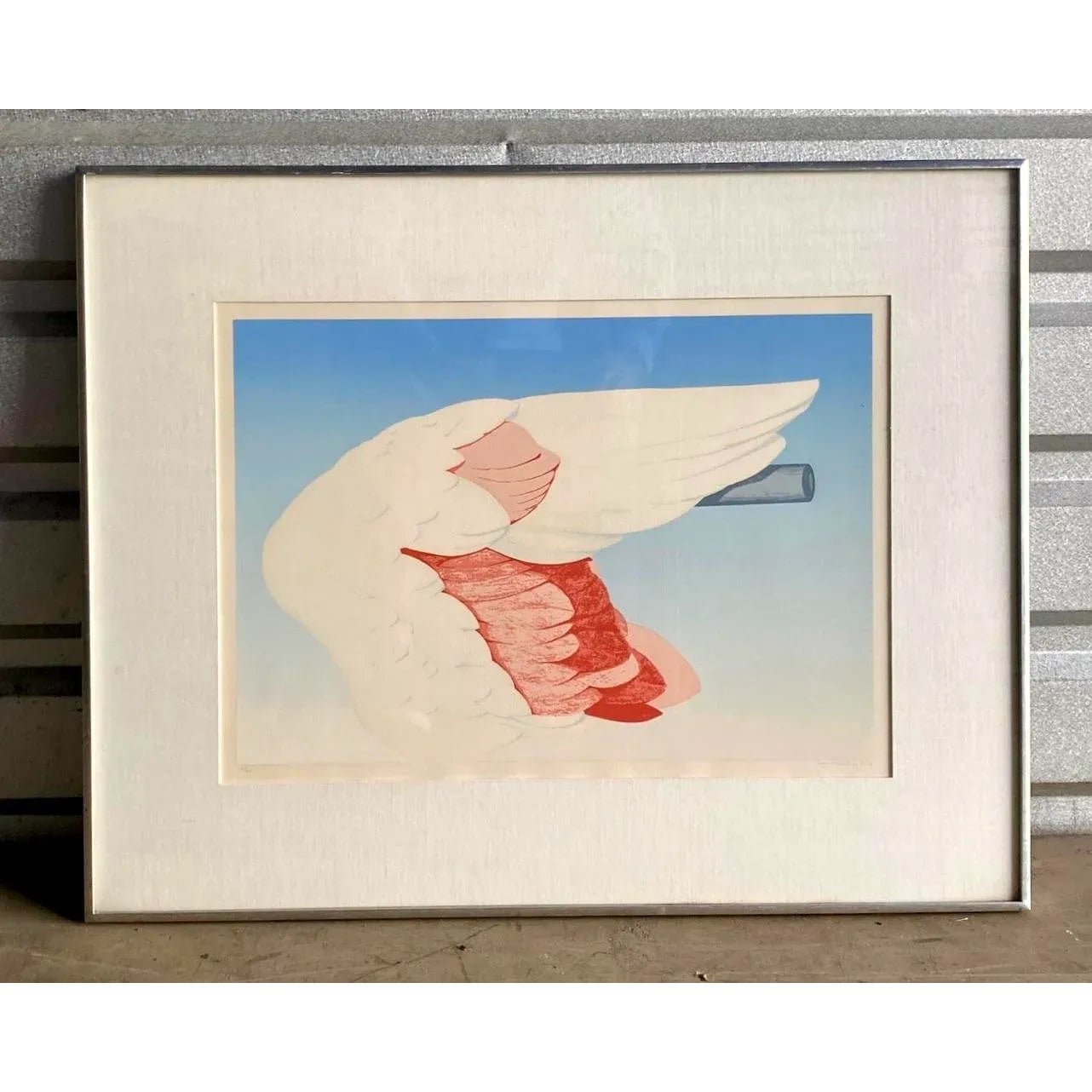 Vintage Boho Signed Original 1972 Lithograph of Flamingo Wing - Top view