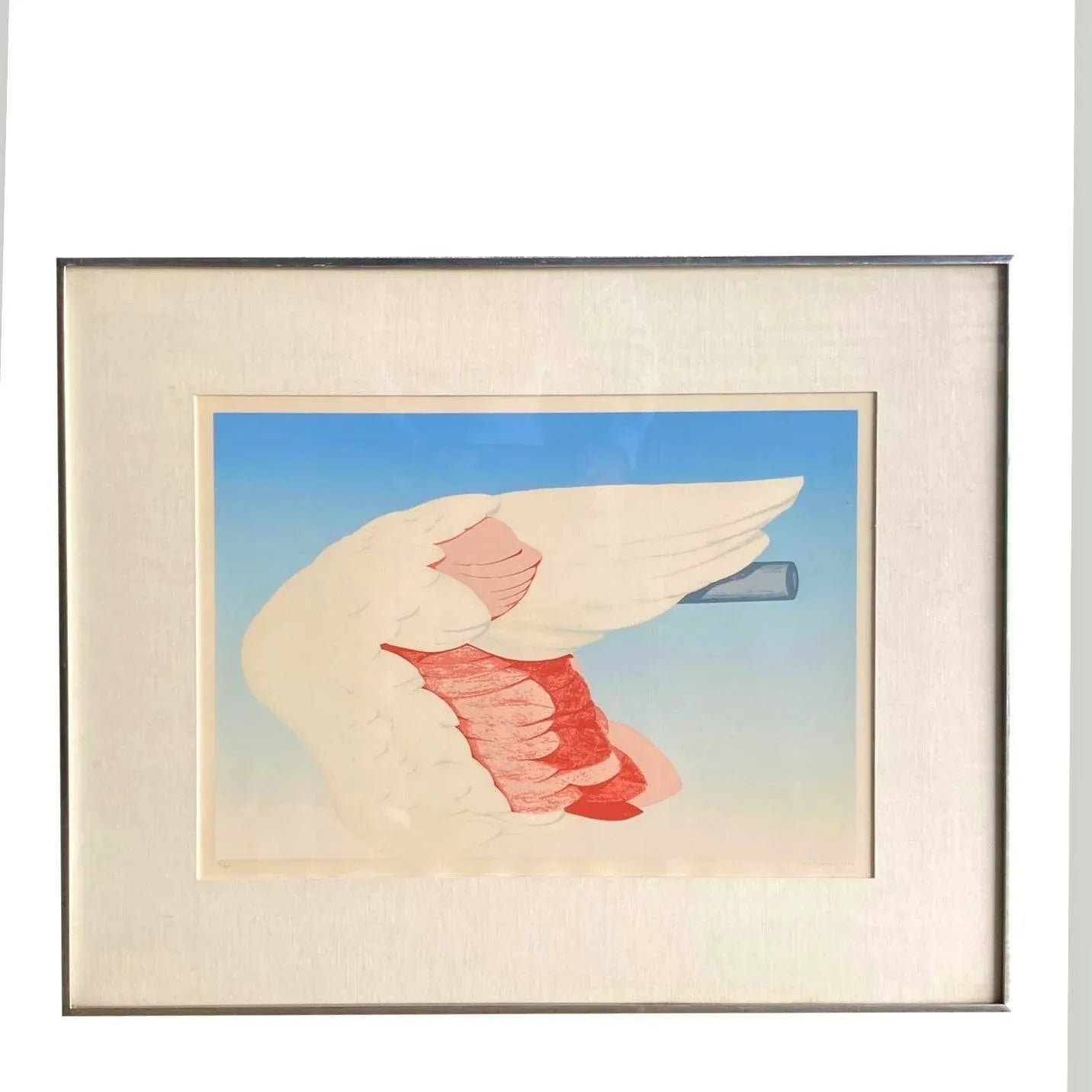 Vintage Boho Signed Original 1972 Lithograph of Flamingo Wing