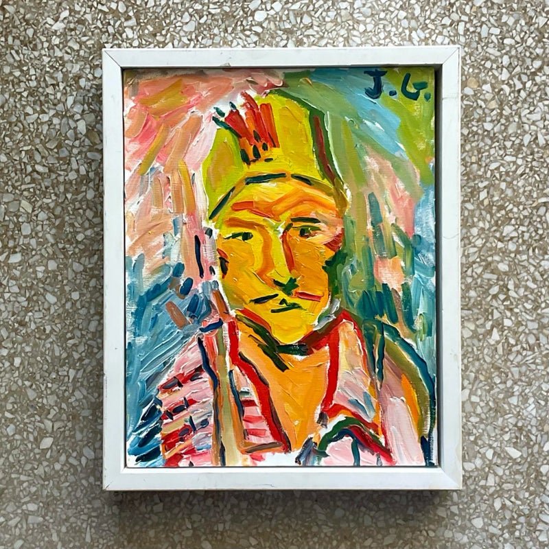Vintage Fauvist Signed Original Oil Portrait Painting on Board - Detail view