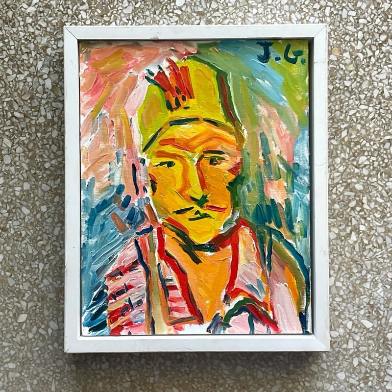 Vintage Fauvist Signed Original Oil Portrait Painting on Board - Side view