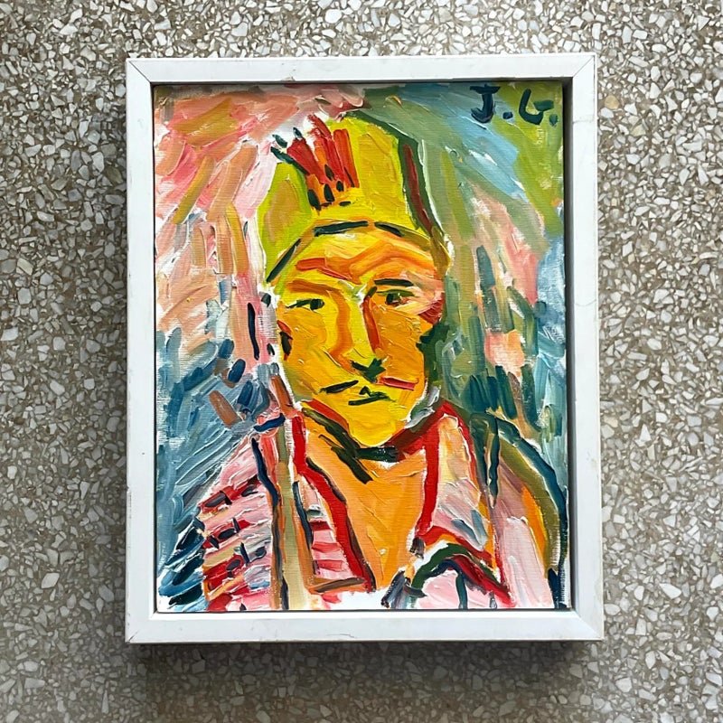 Vintage Fauvist Signed Original Oil Portrait Painting on Board - Back view