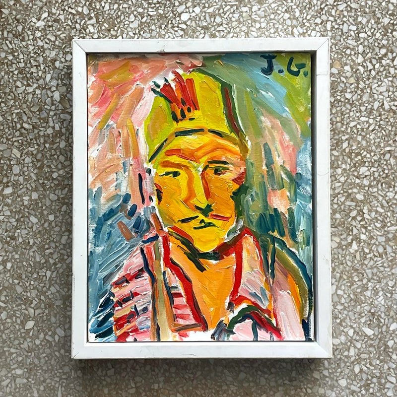 Vintage Fauvist Signed Original Oil Portrait Painting on Board - Top view