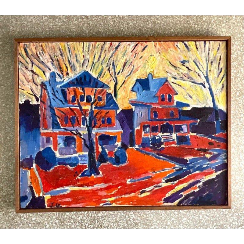Vintage Boho Signed Original Abstract Expressionist Oil Painting on Canvas - Detail view