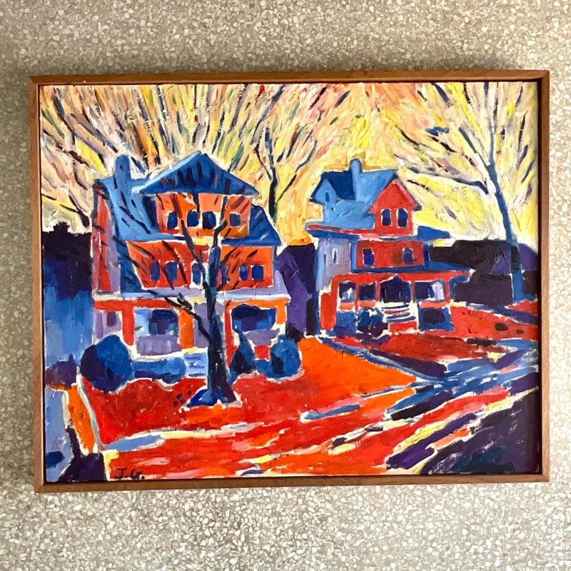 Vintage Boho Signed Original Abstract Expressionist Oil Painting on Canvas - Back view
