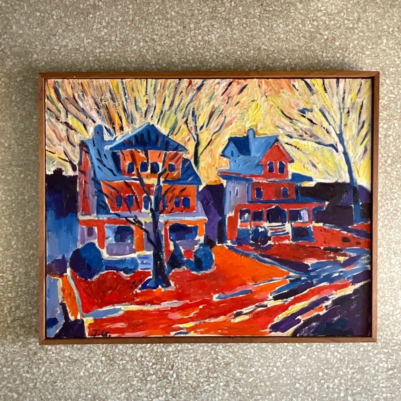 Vintage Boho Signed Original Abstract Expressionist Oil Painting on Canvas - Top view