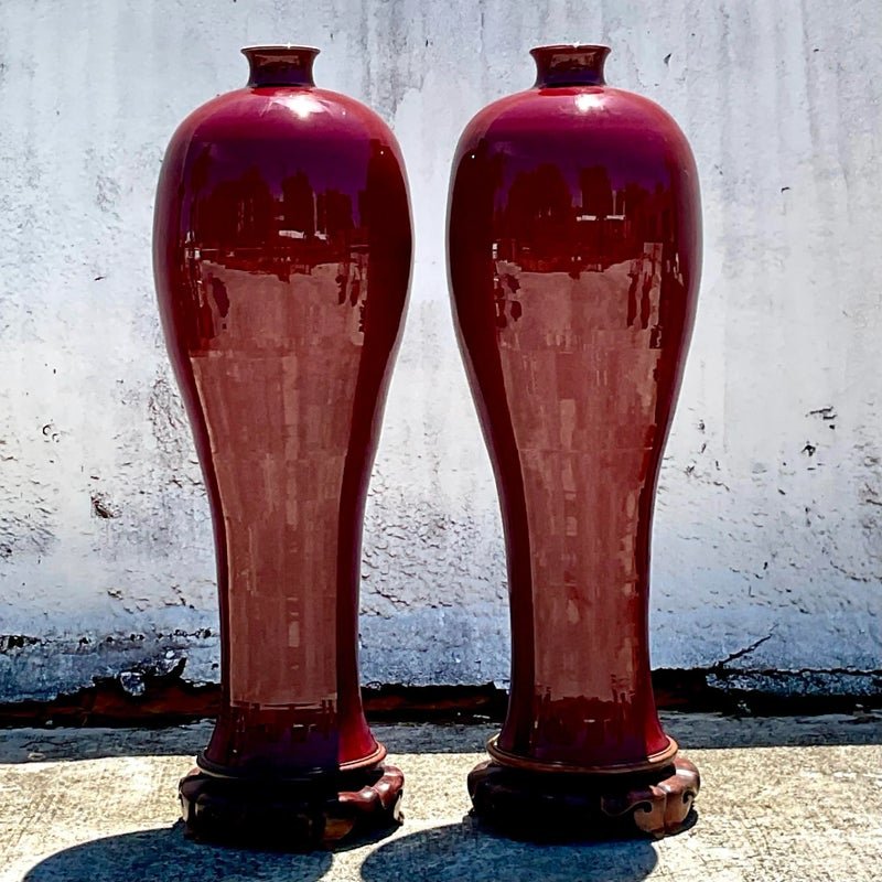 Vintage Boho Monumental “Sang De Bouf” Glazed Ceramic Vases - a Pair - Detail view