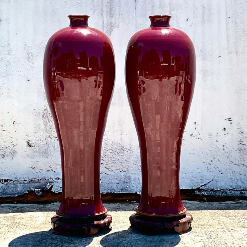 Vintage Boho Monumental “Sang De Bouf” Glazed Ceramic Vases - a Pair - Side view