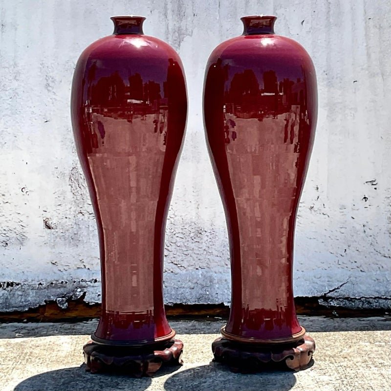 Vintage Boho Monumental “Sang De Bouf” Glazed Ceramic Vases - a Pair - Back view